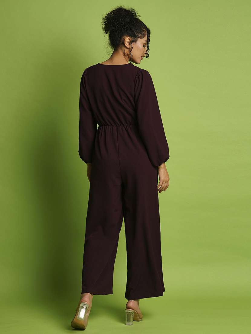 globus women wine wrap neck bishop sleeves gathered waist workwear jumpsuit - 21366512 -  Standard Image - 2