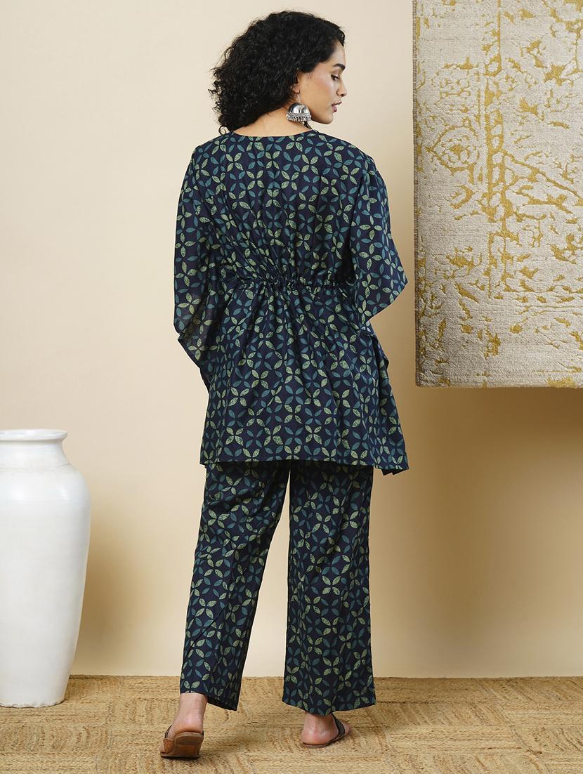 globus women blue v-neck allover abstract printed waist tie-up kaftan tunic & partially elasticated trousers fusion co-ord set - 21366513 - Standard Image - 2