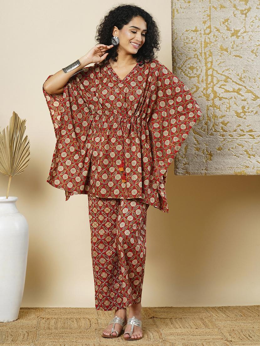 globus women maroon v-neck allover floral printed waist tie-up kaftan tunic & partially elasticated trousers fusion co-ord set