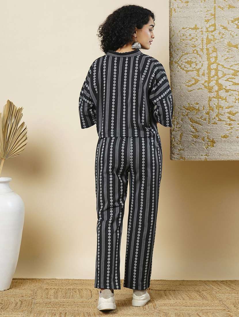 globus women black striped floral printed drop shoulder crop shirt & elasticated trousers fusion co-ord set - 21366516 -  Standard Image - 2