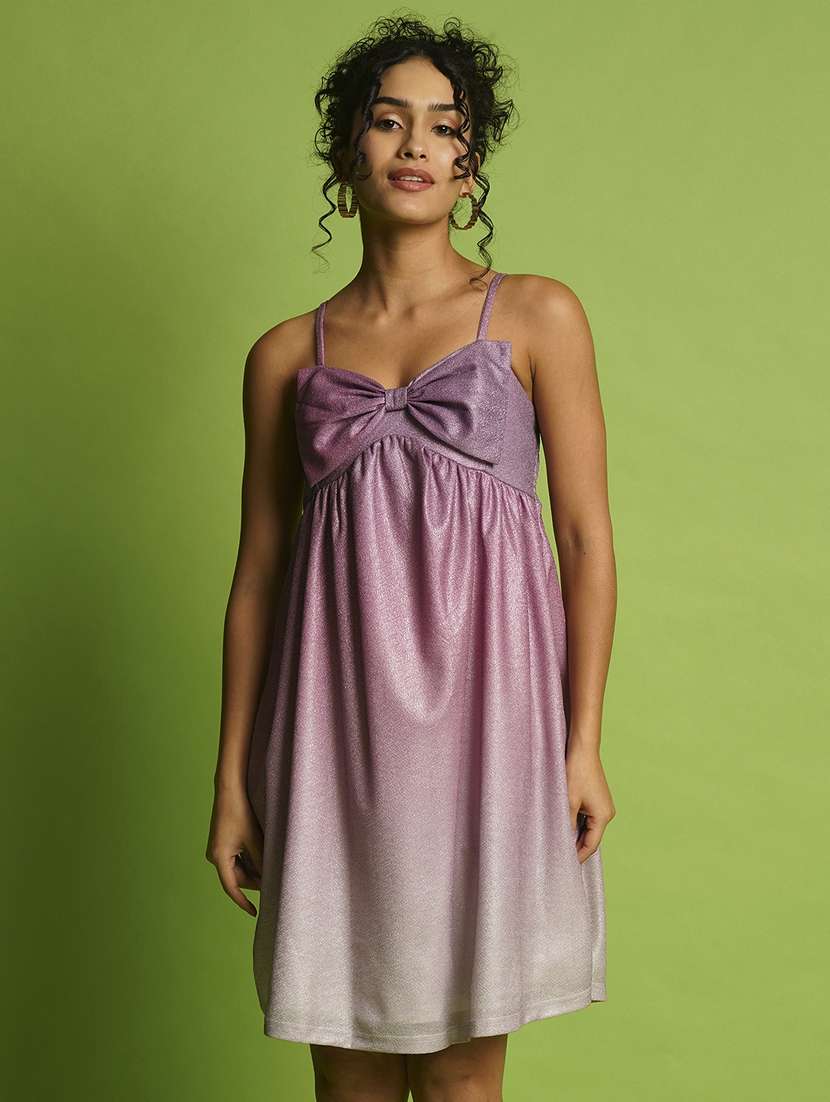 globus women purple shiny ombre sweetheart neck strappy shoulder smocked bow detail a-line party dress