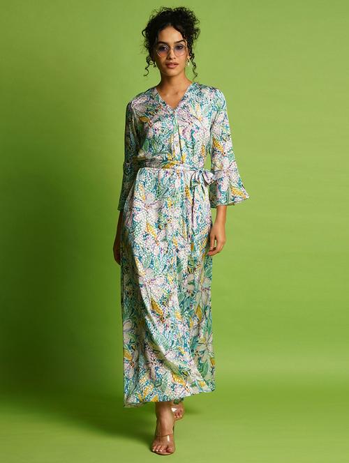 globus women multi color bell sleeves floral printed front slit a-line belted maxi dress - 21366521 - Standard Image - 0
