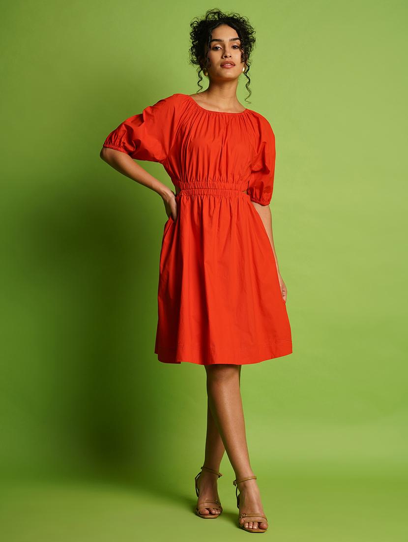 globus women orange puff sleeves gathered cut-outs waist knee length fit & flare dress
