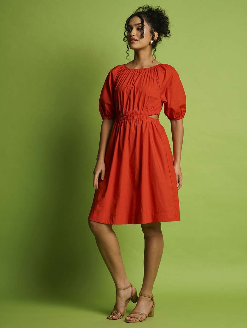 Globus Women Orange Puff Sleeves Gathered Cut Outs Waist Knee Length Fit & Flare Dress