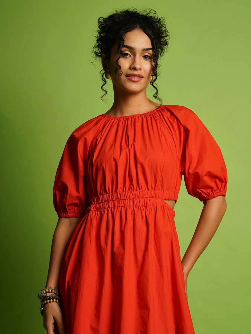 Globus Women Orange Puff Sleeves Gathered Cut Outs Waist Knee Length Fit & Flare Dress