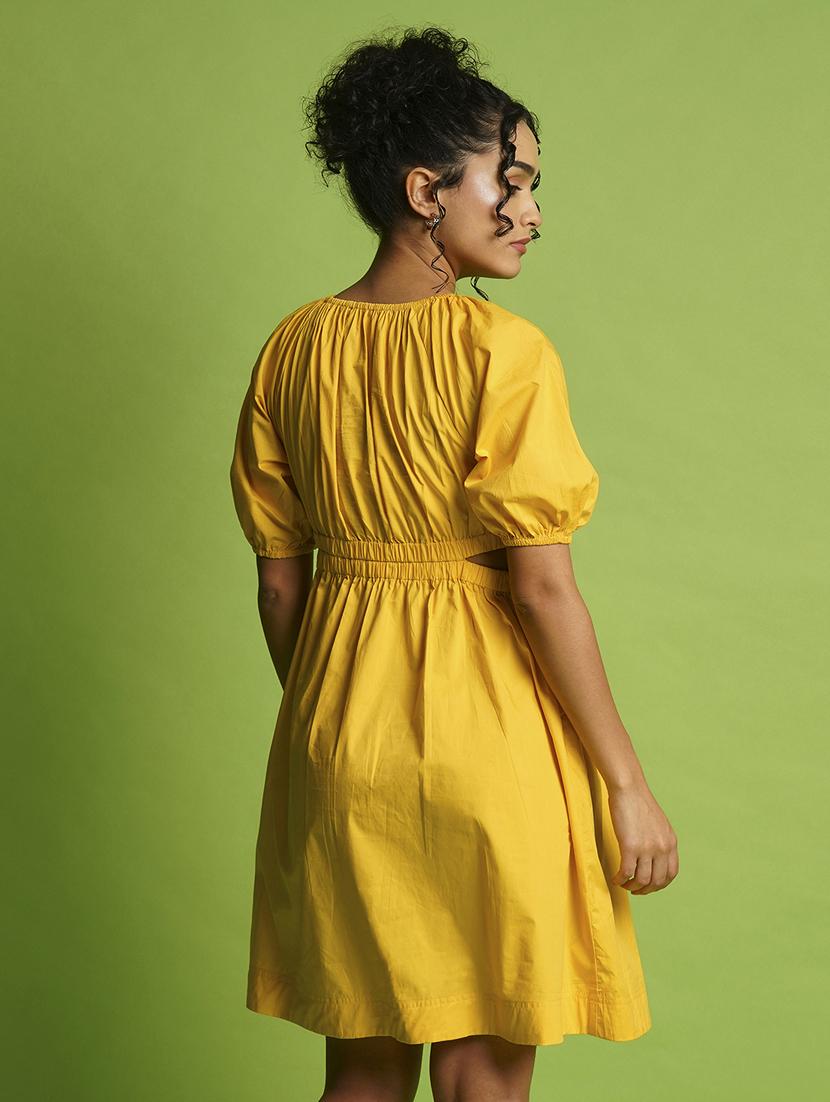 globus women yellow puff sleeves gathered cut-outs waist knee length fit & flare dress - 21366525 - Standard Image - 2