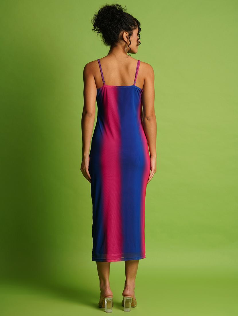 globus women fuchsia ombre square neck strappy shoulder ruched side slit midi bodycon party dress - 21366526 - Standard Image - 2