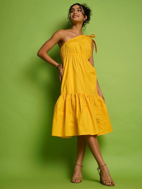 globus women yellow one shoulder tie-up gathered fit & flare midi dress - 21366528 -  Standard Image - 0