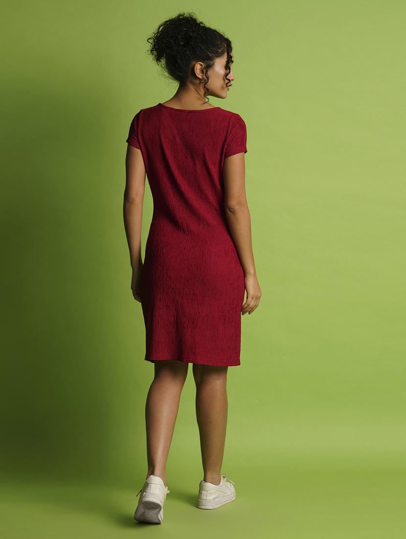 globus women maroon round neck short sleeves knitted self design sheath dress - 21366529 - Standard Image - 2