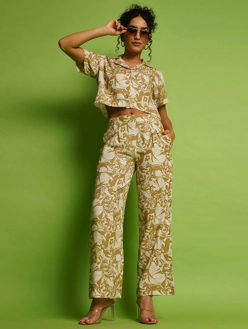 globus women beige abstract printed lapel collar crop shirt & pleated trousers co-ord set