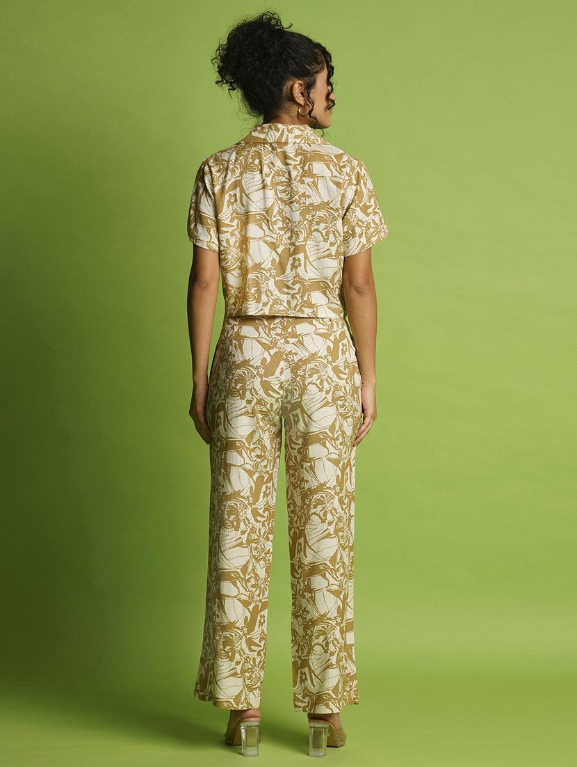 globus women beige abstract printed lapel collar crop shirt & pleated trousers co-ord set - 21366531 - Standard Image - 2