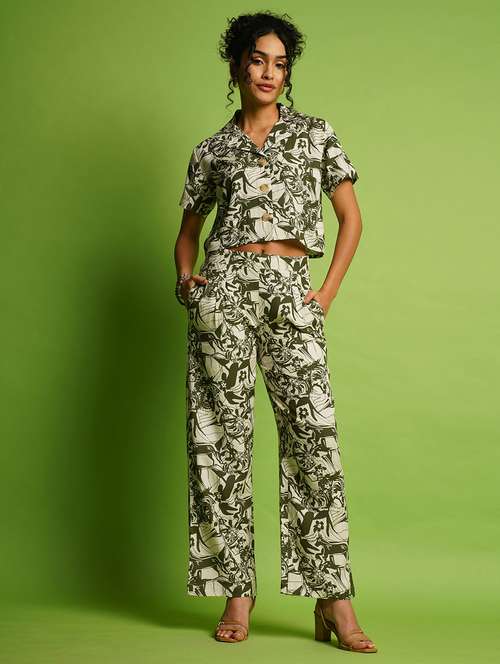 globus women green abstract printed lapel collar crop shirt & pleated trousers co-ord set - 21366532 -  Standard Image - 0