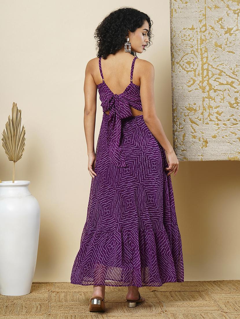 globus women purple strappy shoulder back tie-up flared hem bandhani printed a-line maxi dress - 21366541 - Standard Image - 2