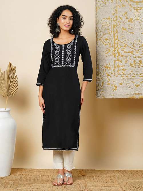 globus women black round neck embroidered yoke straight calf length kurta - 21366542 - Standard Image - 0