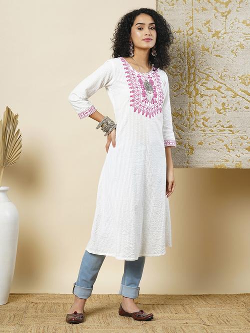 globus women white cotton thread work embroidered yoke flared hem a-line workwear kurta - 21366543 - Standard Image - 0
