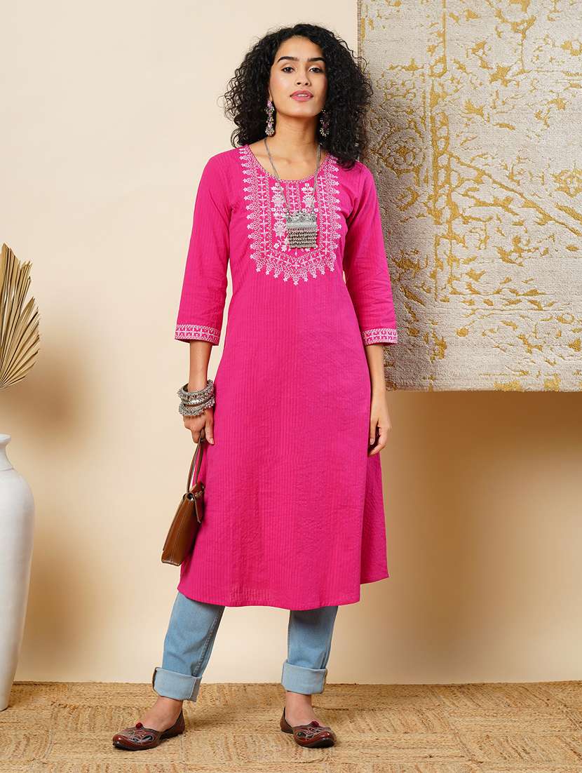 globus women pink cotton thread work embroidered yoke flared hem a-line workwear kurta
