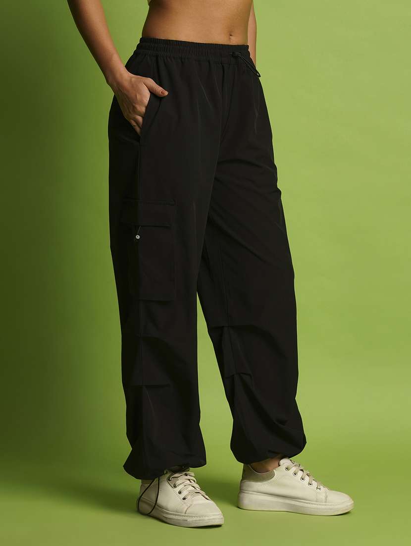 globus women black mid rise loose fit drawstring waist toggle hem cargo joggers - 21366559 -  Standard Image - 2