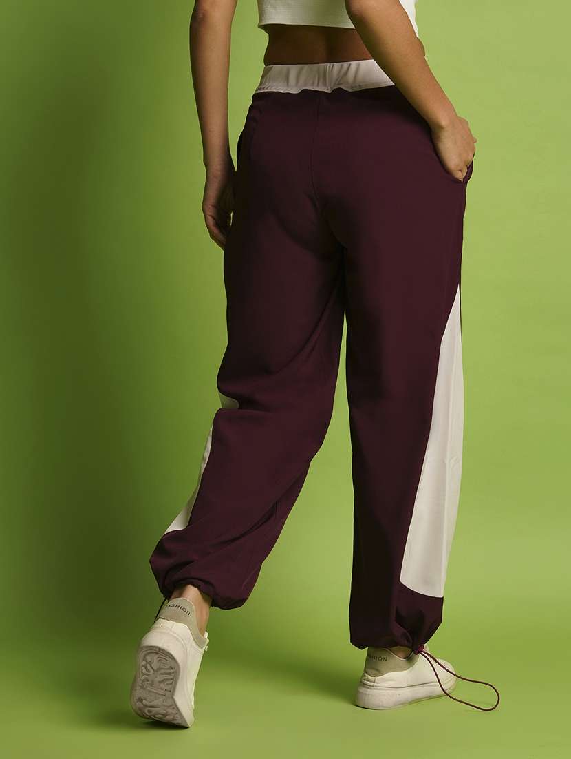 globus women maroon & white mid rise loose fit zipper waist toggle hem joggers - 21366564 -  Standard Image - 2