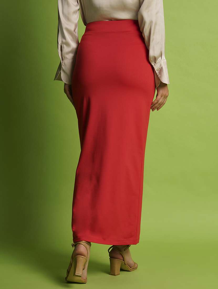 globus women red high-rise stretchable elasticated waistband knitted side slit maxi pencil skirt - 21366565 -  Standard Image - 2