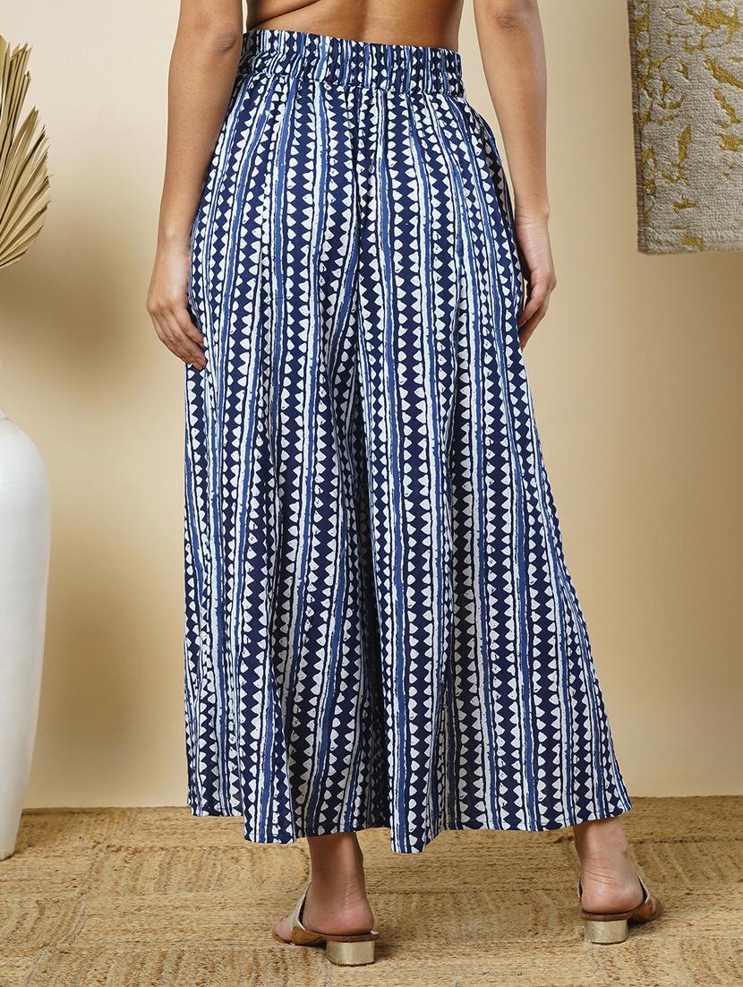 globus women indigo geometric border printed elasticated waistband flared ethnic palazzos - 21366566 - Standard Image - 2
