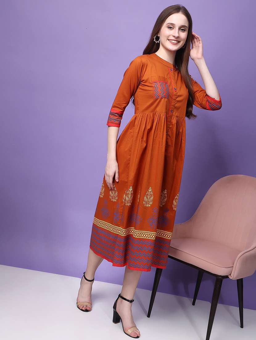 rust printed cotton a-line ethnic dress - 21366591 -  Standard Image - 2