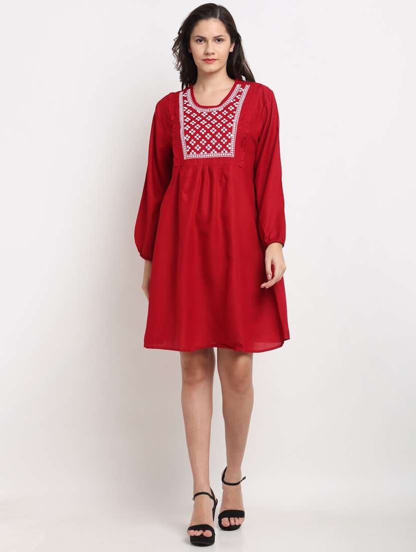 women maroon round neck a-line ethnic dress