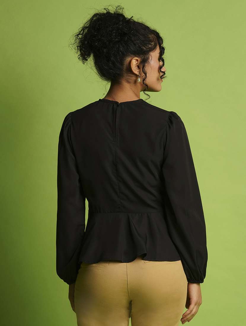 globus women black v-neck bishop sleeve crepe tie-up style workwear peplum top - 21367412 -  Standard Image - 2