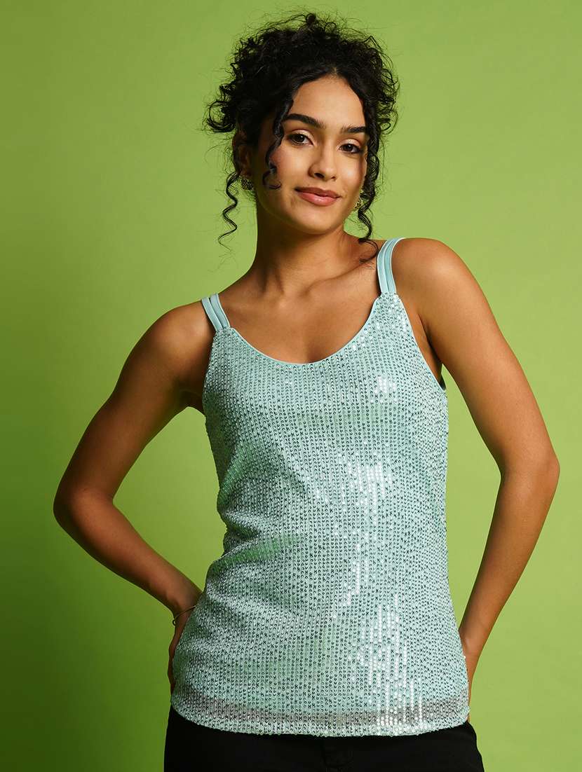 globus women blue round neck strappy shoulder sequined striped party top