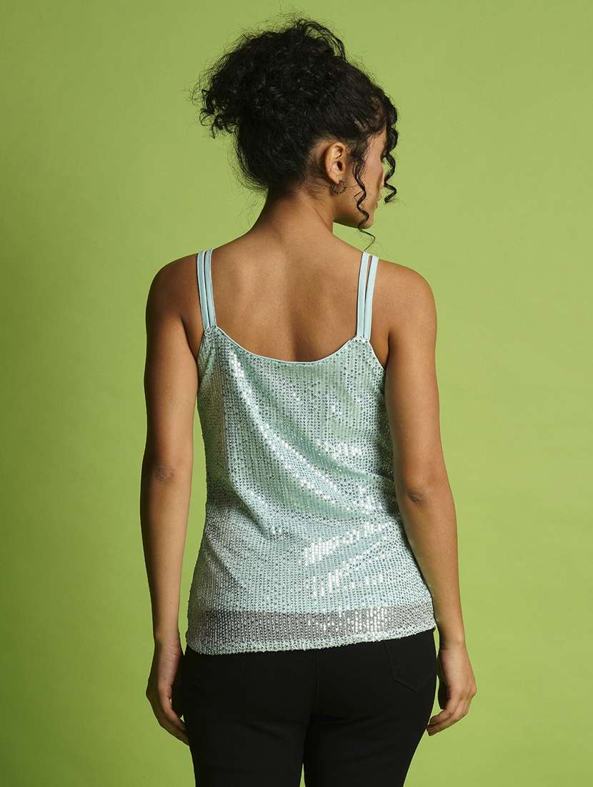 globus women blue round neck strappy shoulder sequined striped party top - 21367415 -  Standard Image - 2