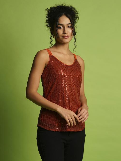 globus women rust round neck strappy shoulder sequined striped party top - 21367417 -  Standard Image - 0