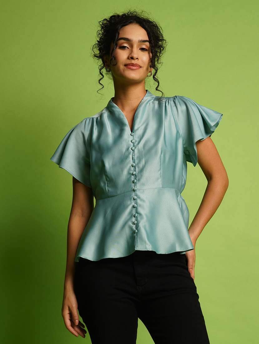 globus women blue v-neck flutter sleeve peplum top