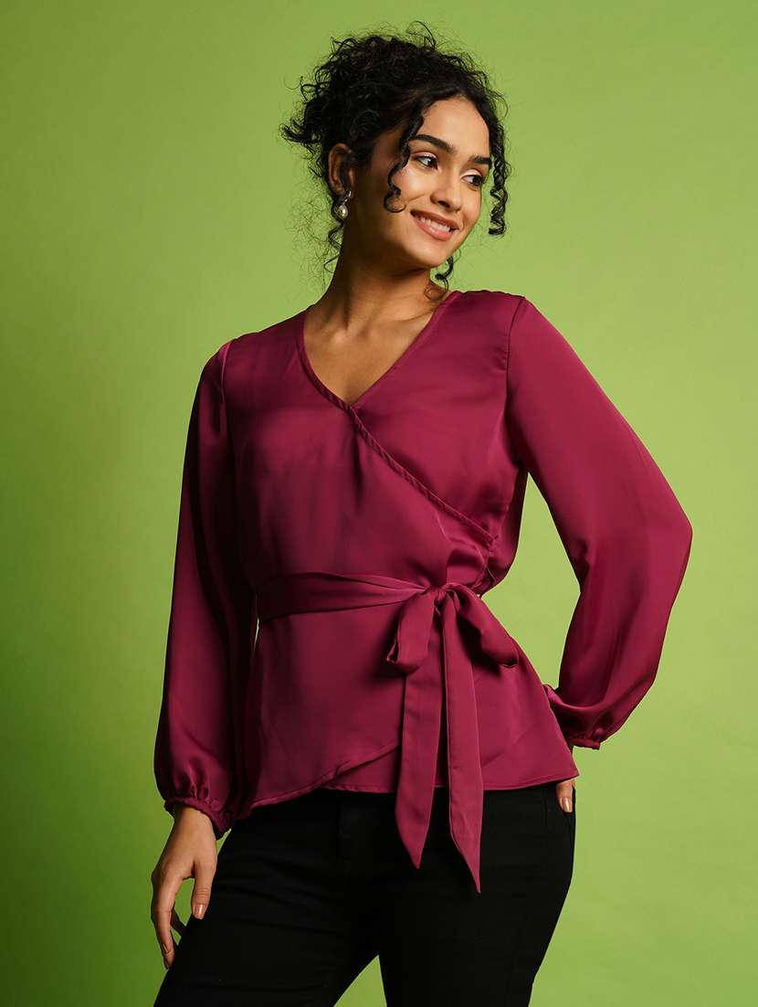 globus women purple solid v-wrap neck bishop sleeve waist tie-up satin workwear top