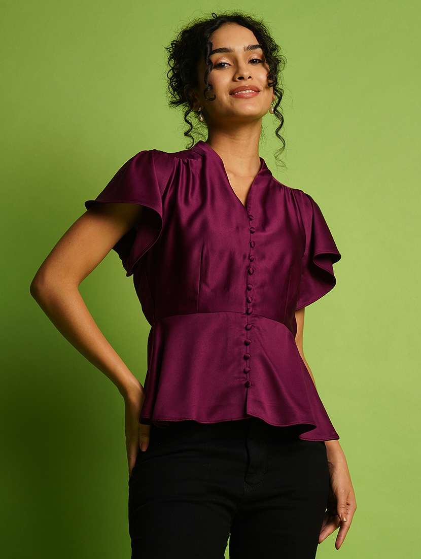 globus women purple v-neck flutter sleeve peplum top