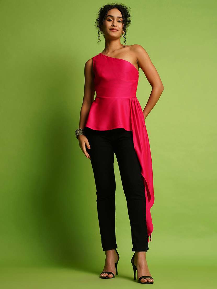 globus women pink one shoulder waist style satin peplum party top