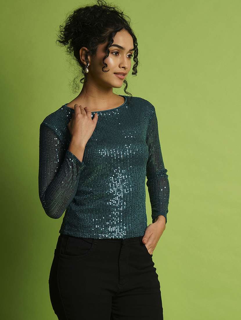 globus women teal embellished round neck sequined striped party top - 21367428 - Zoom Image - 0