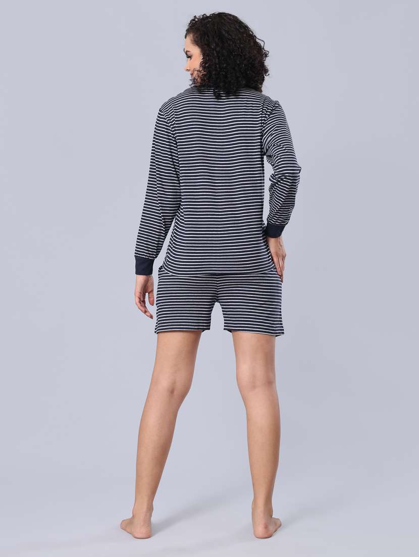 women round neck stripes shorts nightwear set - 21368031 - Standard Image - 2