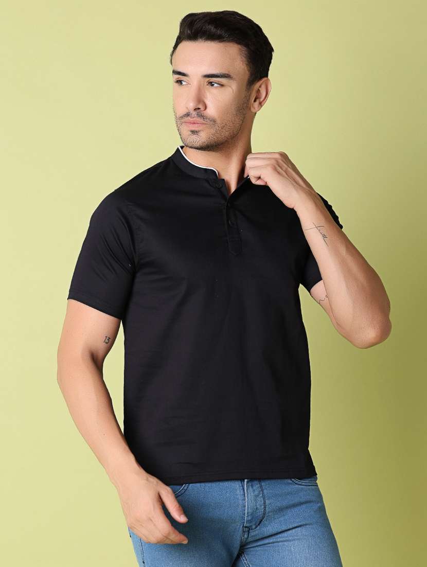 men black slim fit plain mandarin neck t-shirt - 21368268 -  Standard Image - 2