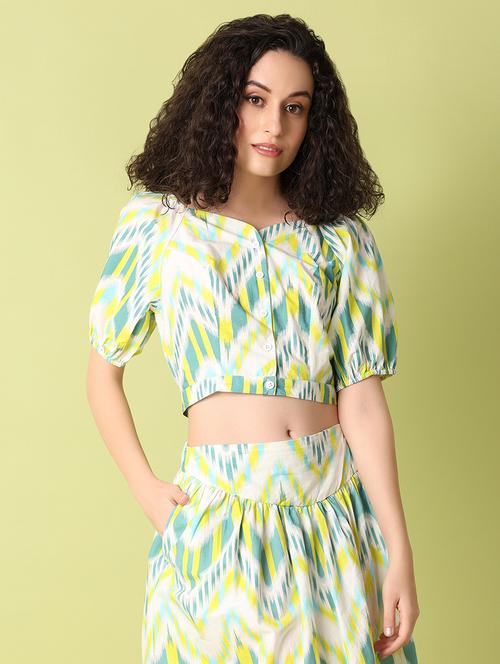 women green ikat printed crop top - 21368316 -  Standard Image - 0