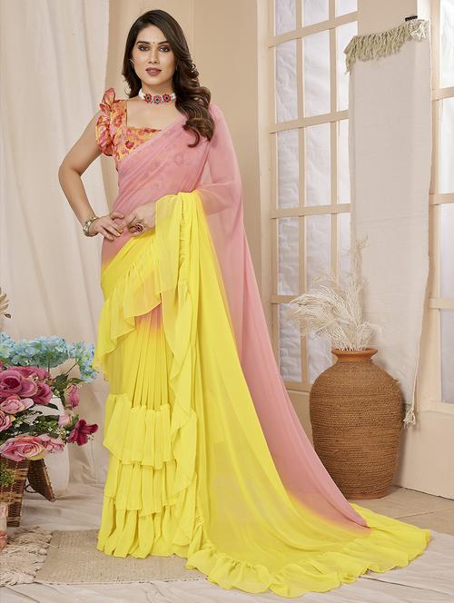 women yellow & pink ombre ruffled saree with blouse - 21368608 -  Standard Image - 0
