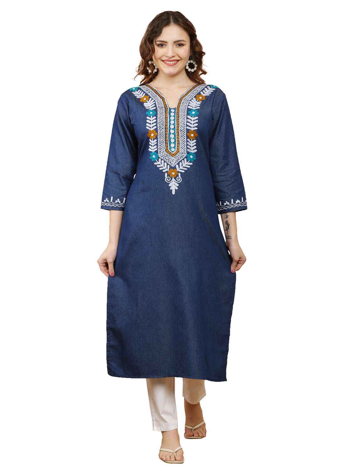 women three quarter sleeve straight kurta