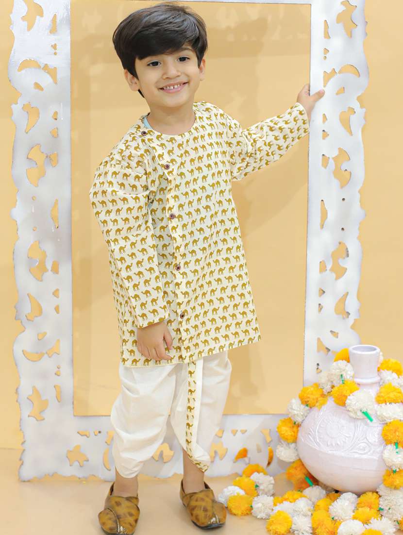boys mandarin neck printed dhoti kurta set