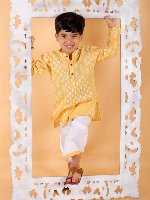 boys mandarin neck printed dhoti kurta set - 21368886 - Standard Image - 0