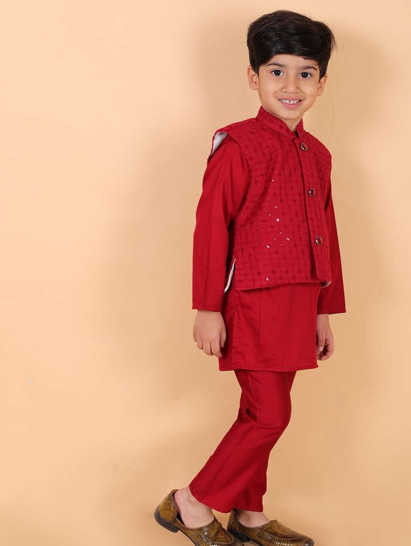 boys mandarin neck sequined kurta pyjama set with nehri jacket - 21368910 - Standard Image - 2
