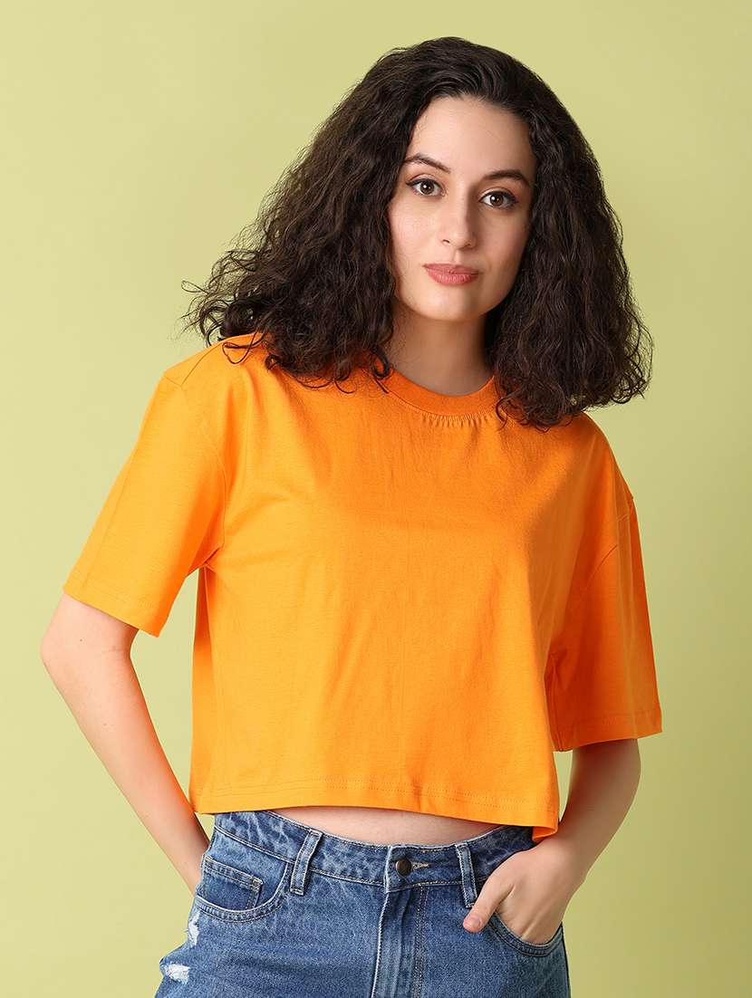 women orange solids crop t-shirt