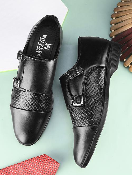 black monk strap formal shoes with texture detailing - 21370072 - Standard Image - 0