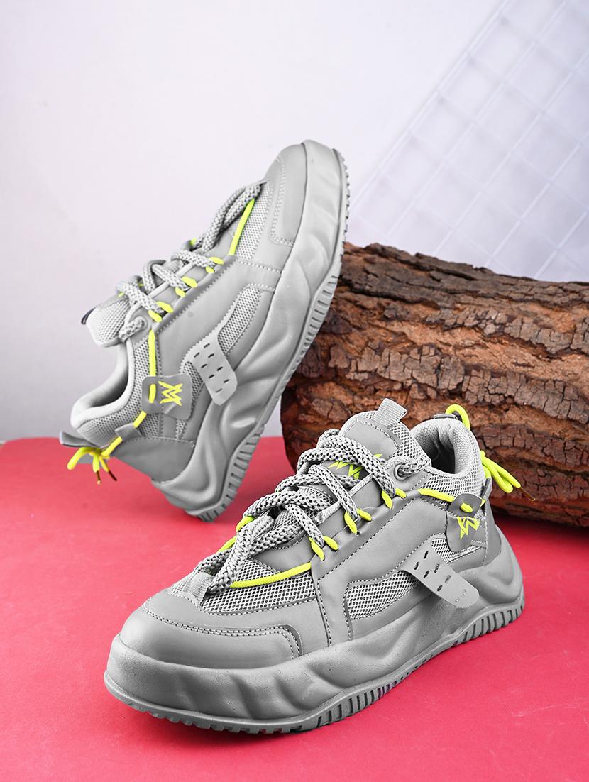 grey synthetic lace up sneakers