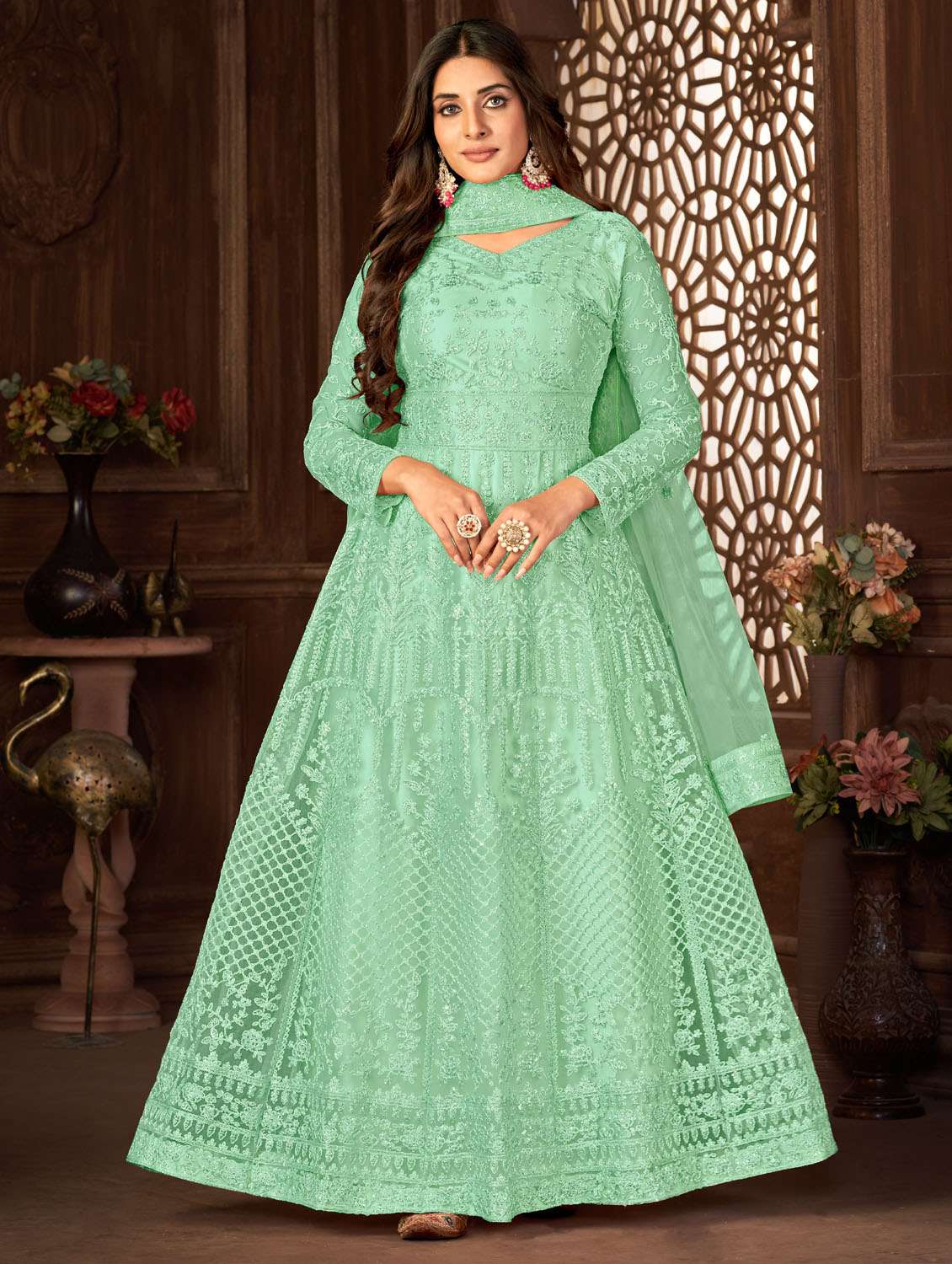 women embroidered semi-stitched anarkali suits set