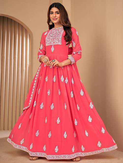 pink embroidered semi-stitched anarkali suit set - 21370493 -  Standard Image - 0
