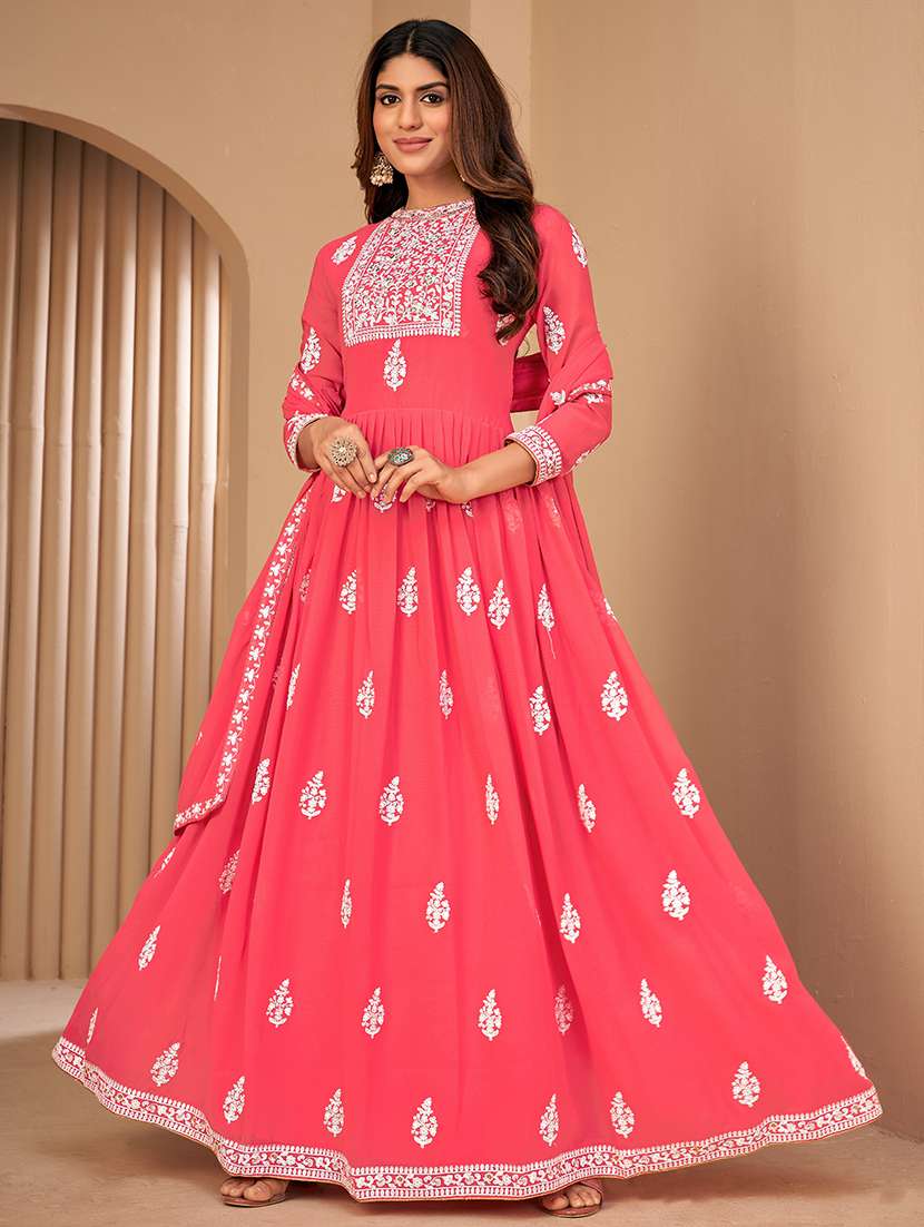 pink embroidered semi-stitched anarkali suit set - 21370493 -  Zoom Image - 0
