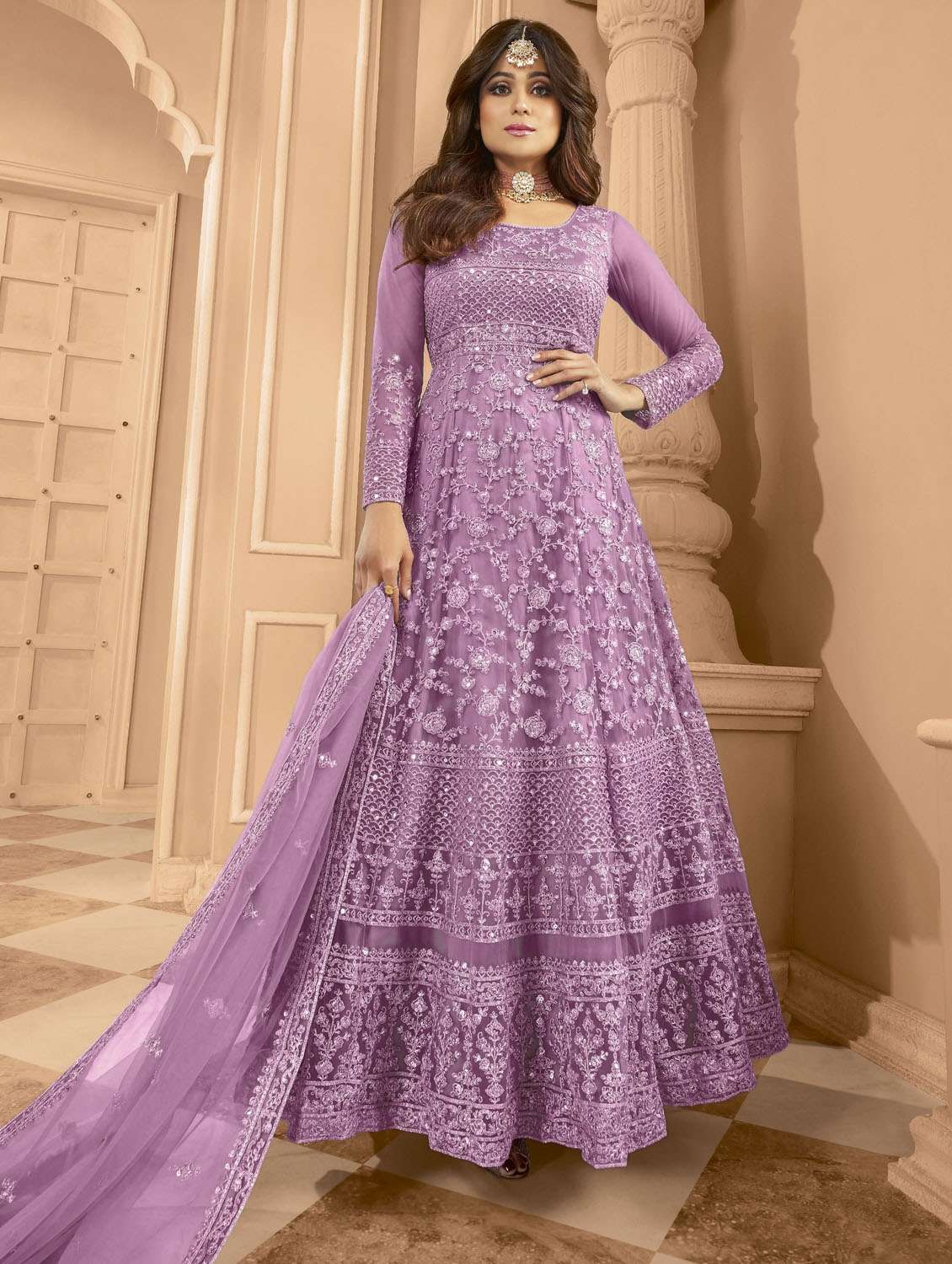 women embroidered semi-stitched anarkali suits set
